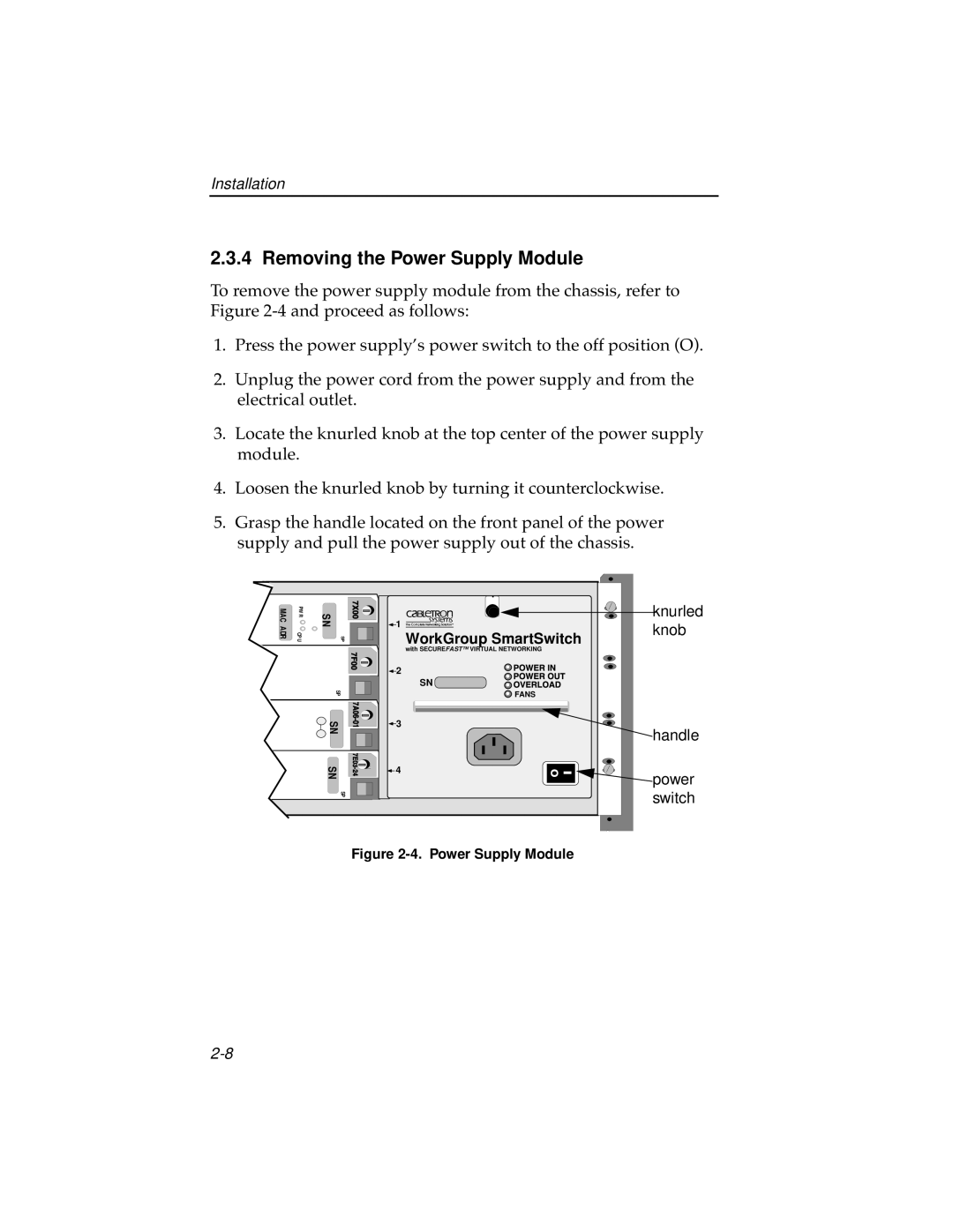 Cabletron Systems 7C04 Workgroup manual Removing the Power Supply Module 