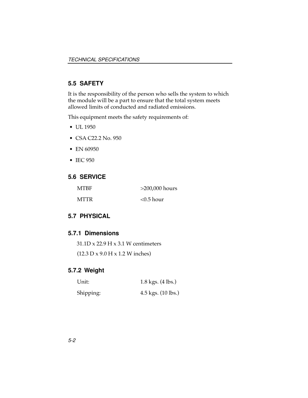 Cabletron Systems 7F06-02 manual Safety, Service, Physical, Dimensions, Weight 