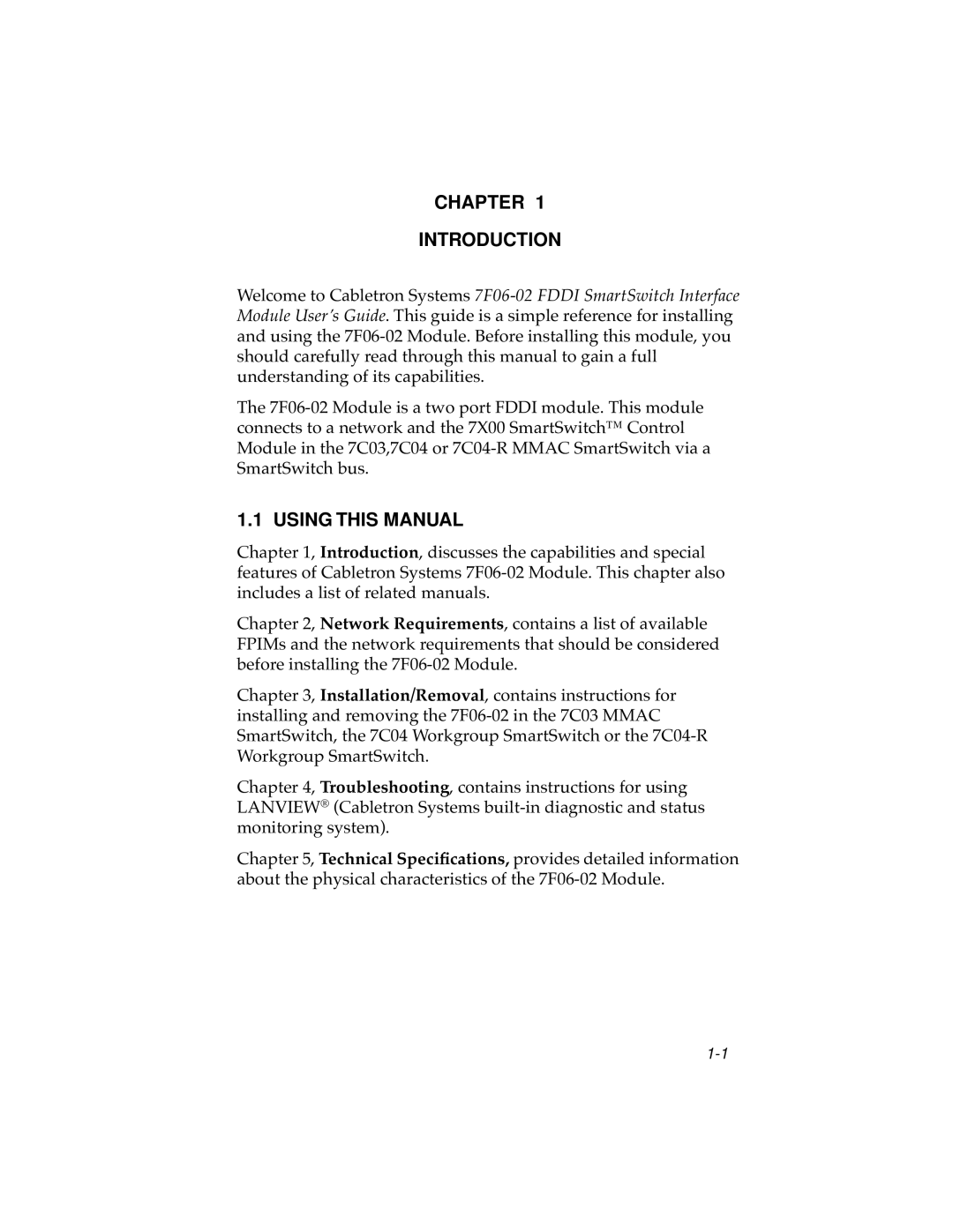 Cabletron Systems 7F06-02 manual Chapter Introduction, Using this Manual 