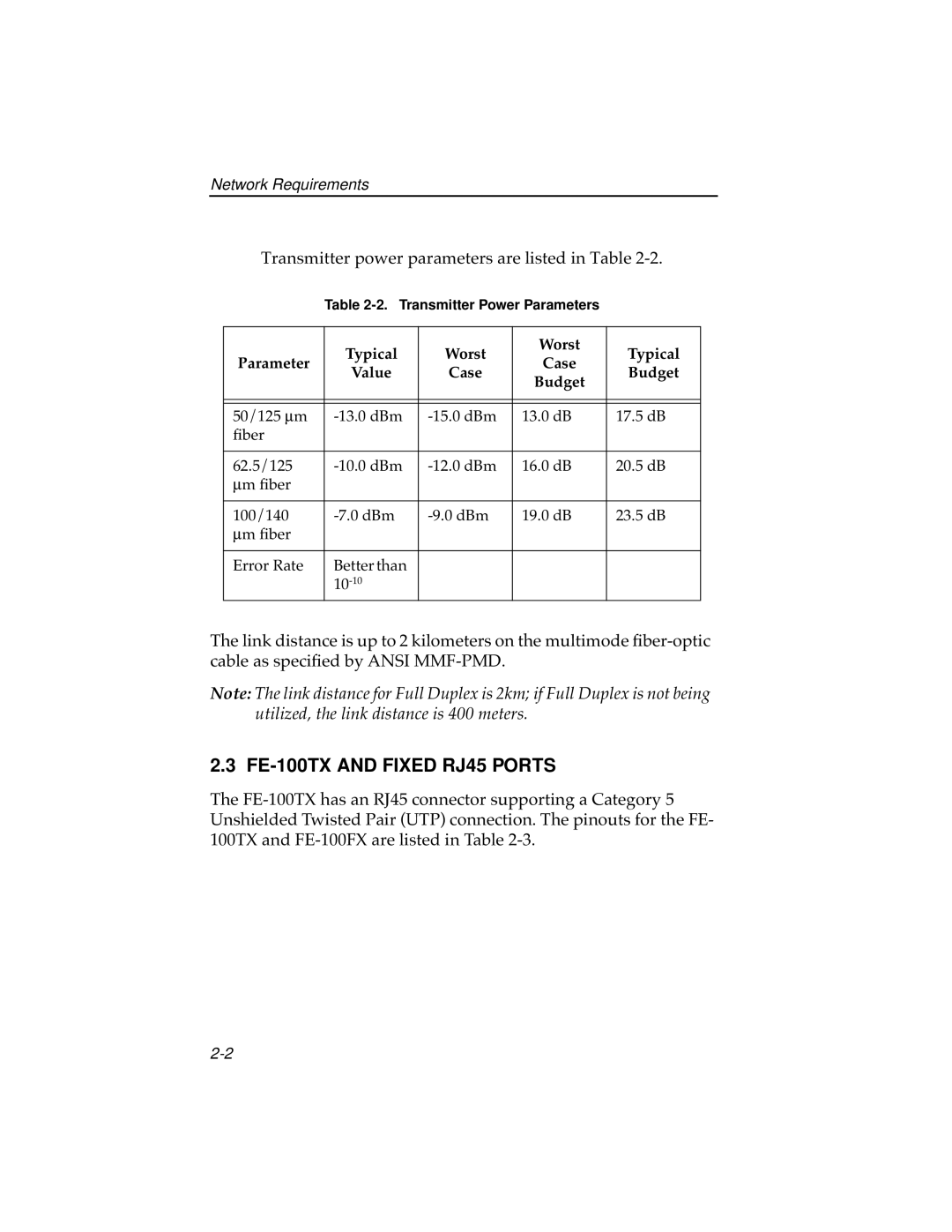 Cabletron Systems 7H02-06 manual FE-100TX and Fixed RJ45 Ports, Transmitter power parameters are listed in Table 