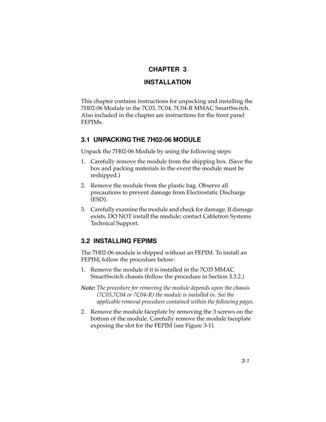 Cabletron Systems manual Chapter Installation, Unpacking the 7H02-06 Module, Installing Fepims 