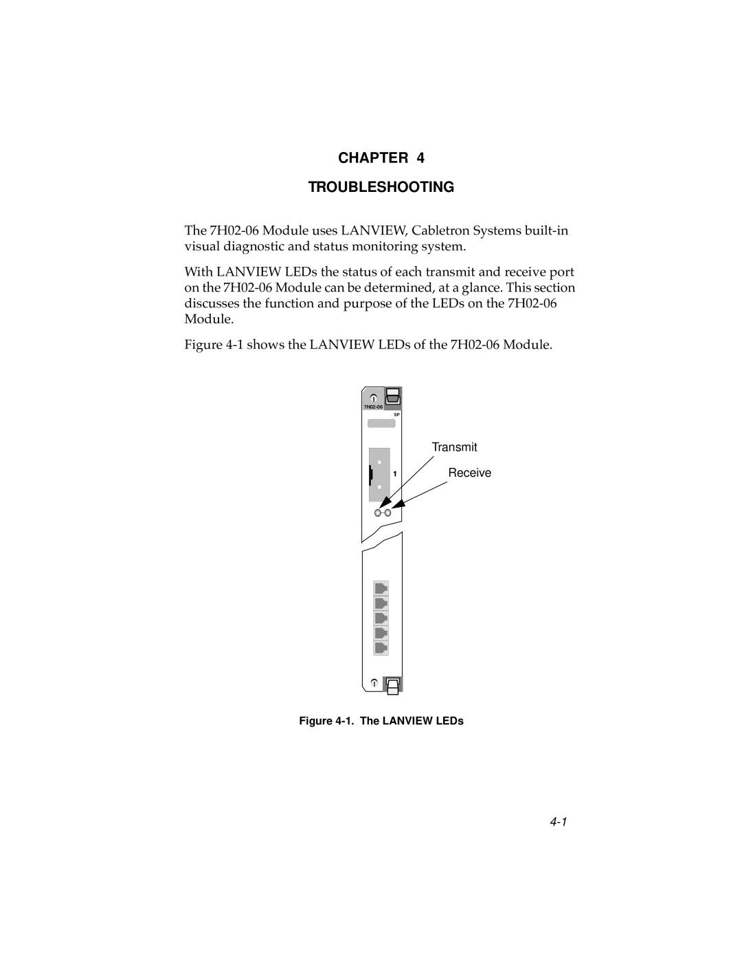 Cabletron Systems manual Chapter Troubleshooting, Shows the Lanview LEDs of the 7H02-06 Module 