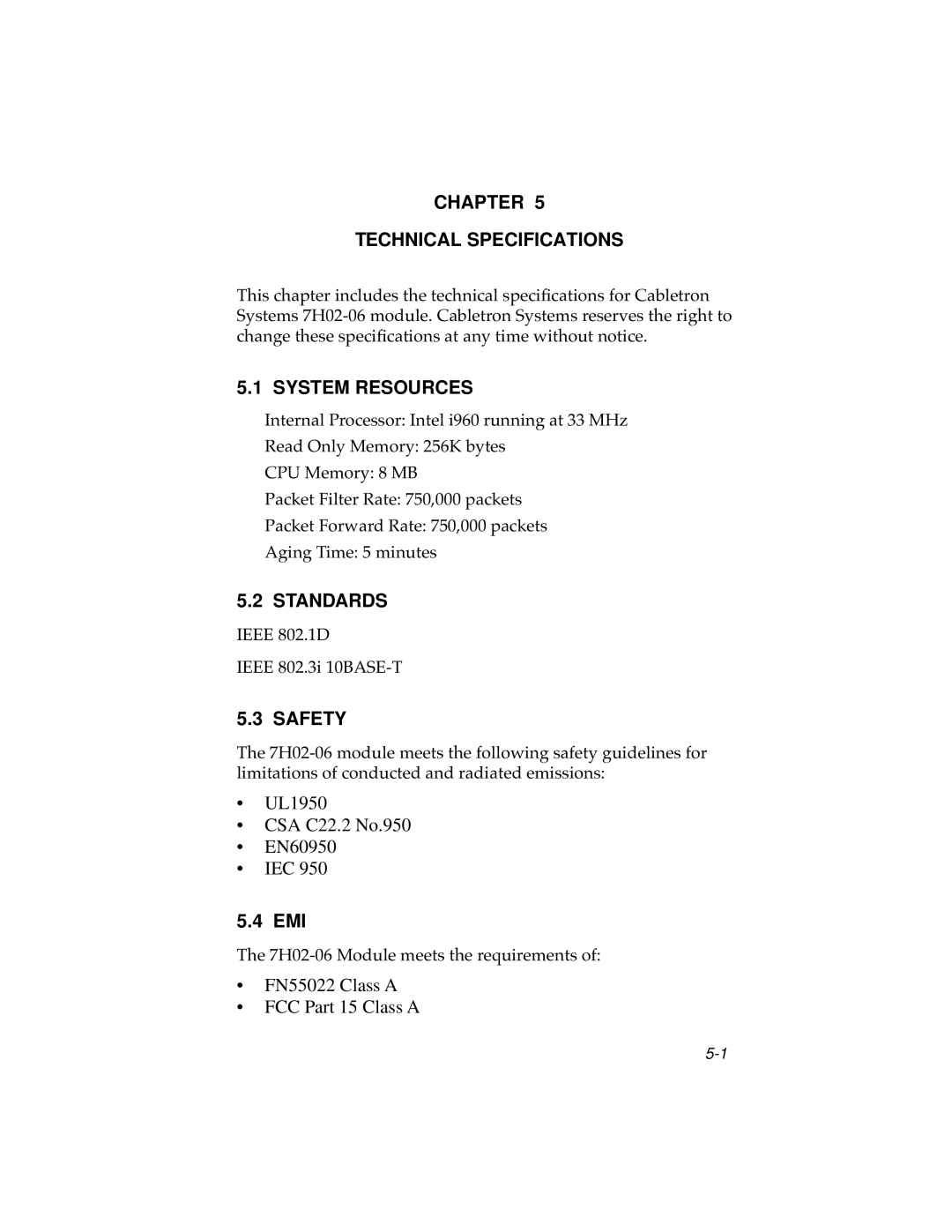 Cabletron Systems 7H02-06 manual Chapter Technical Specifications, System Resources, Standards, Safety, Emi 