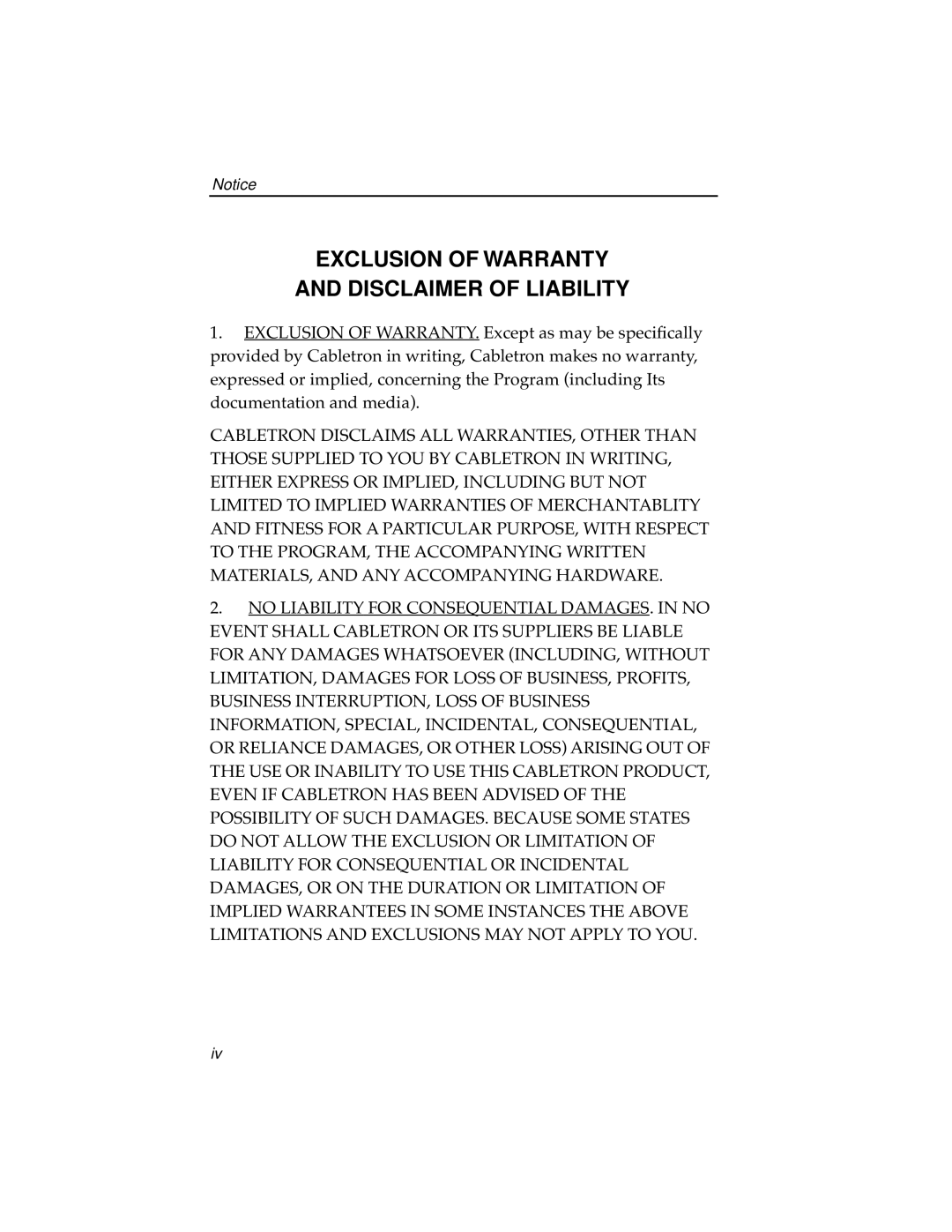 Cabletron Systems 7H02-06 manual Exclusion of Warranty Disclaimer of Liability 