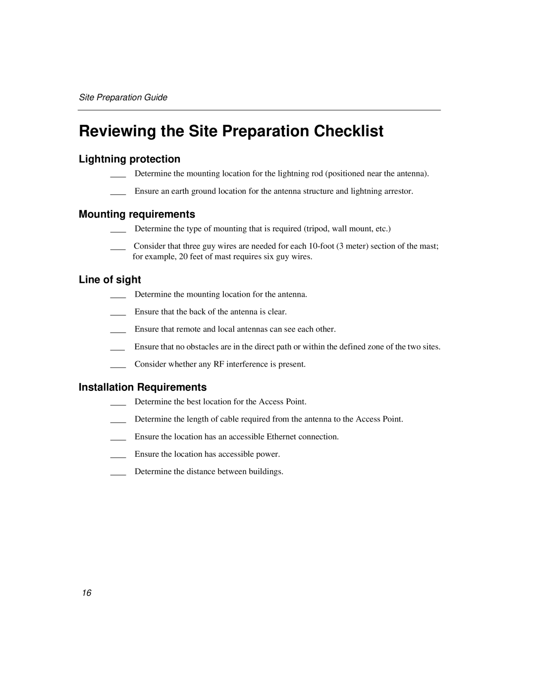 Cabletron Systems 802.11 manual Reviewing the Site Preparation Checklist, Mounting requirements, Installation Requirements 