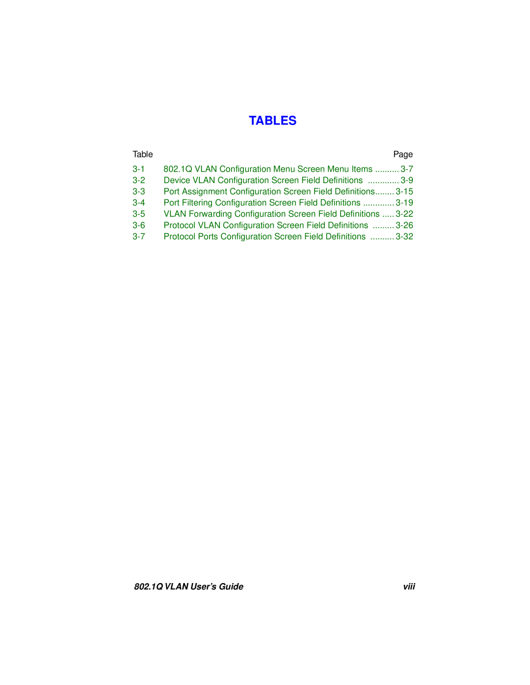 Cabletron Systems manual Tables, 802.1Q VLAN User’s Guide, viii, 802.1Q VLAN Configuration Menu Screen Menu Items 