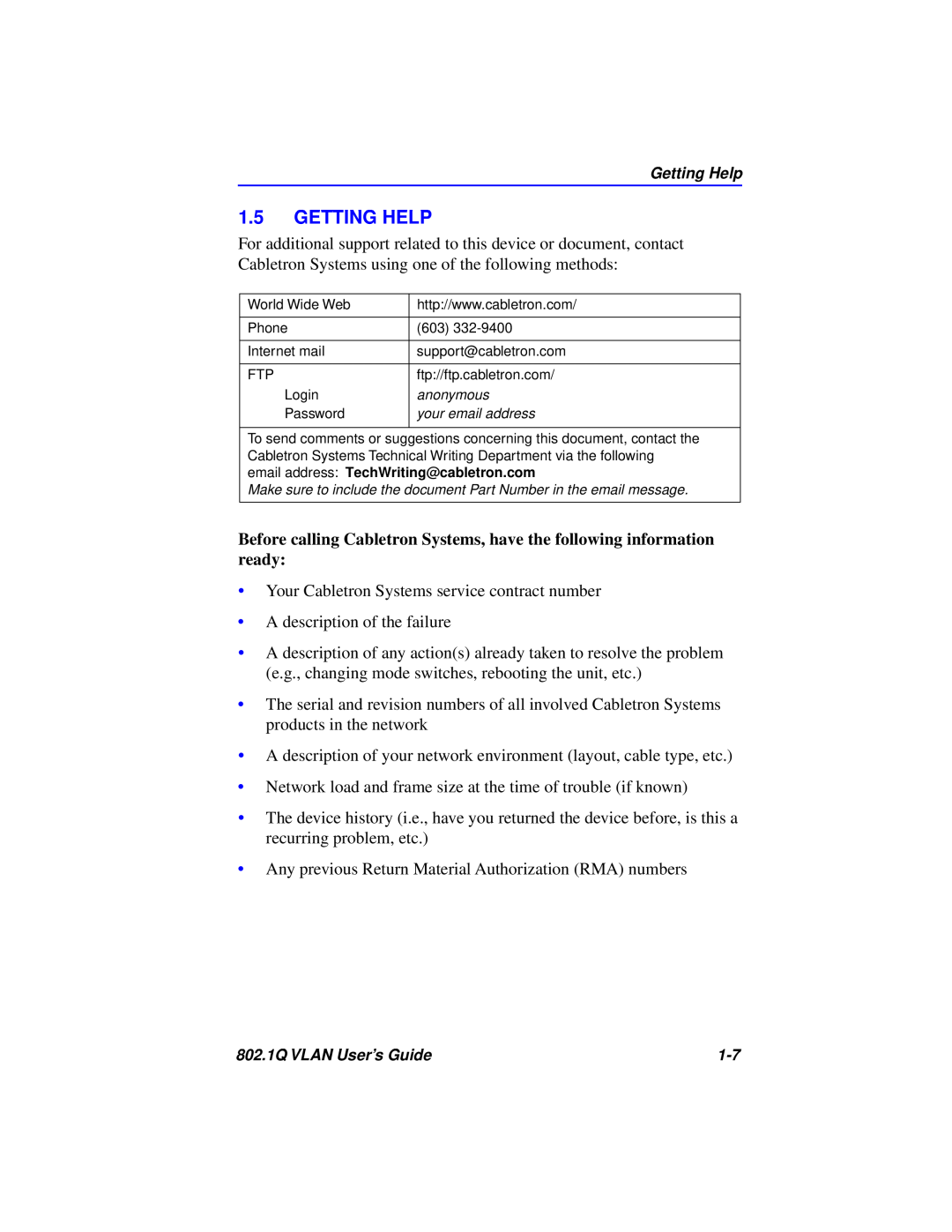 Cabletron Systems 802.1Q manual Getting Help 