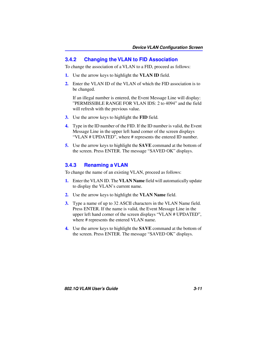Cabletron Systems 802.1Q manual Changing the VLAN to FID Association, Renaming a VLAN 