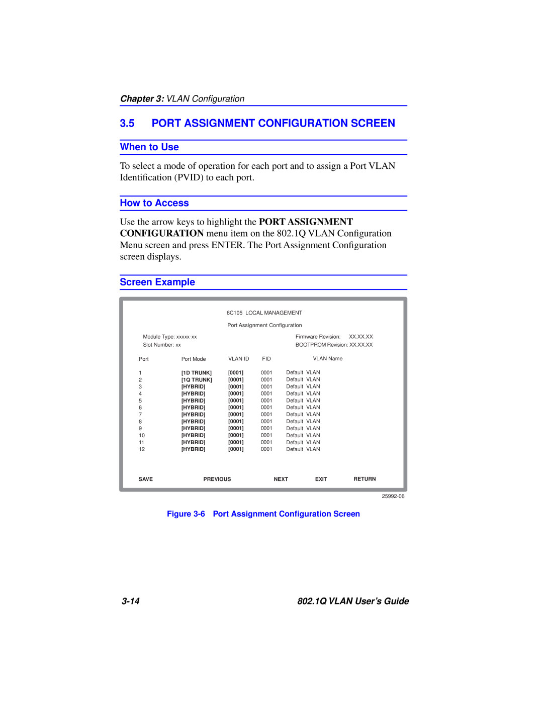 Cabletron Systems 802.1Q manual Port Assignment Configuration Screen, When to Use, How to Access, Screen Example 