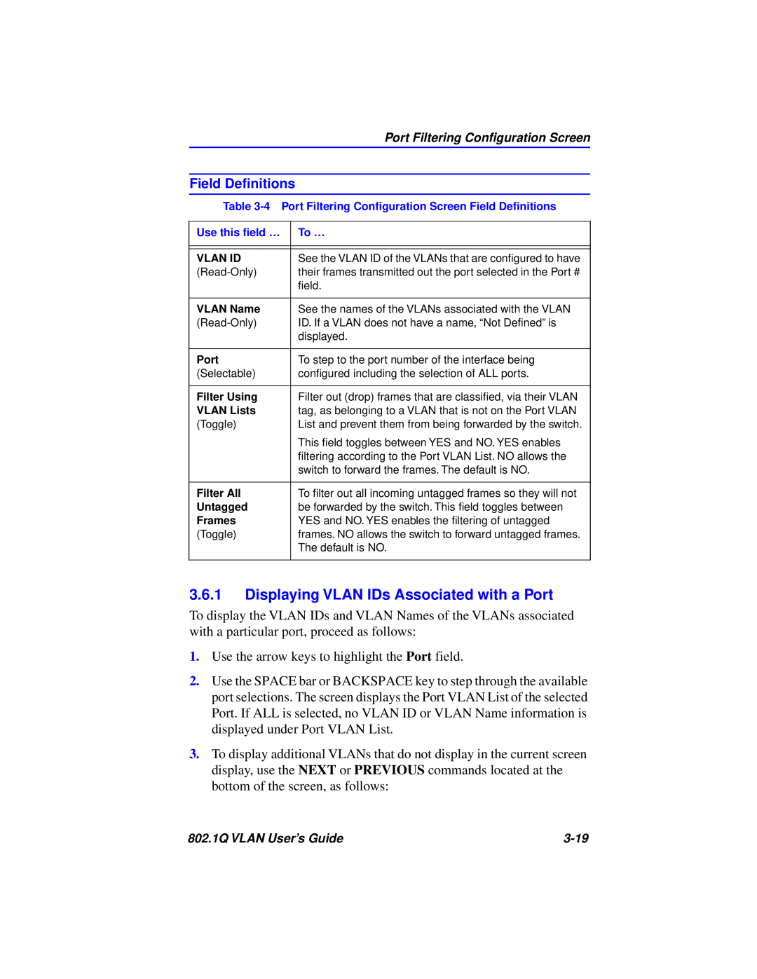 Cabletron Systems 802.1Q manual Displaying VLAN IDs Associated with a Port, Field Deﬁnitions 