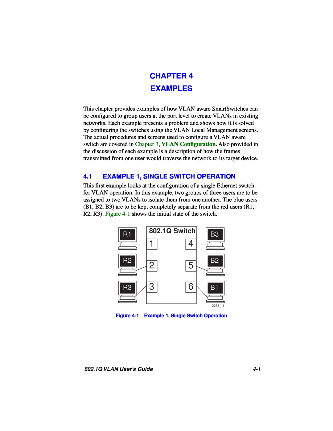 Cabletron Systems manual Chapter Examples, R1 R2 R3, 802.1Q Switch, B3 B2 B1, EXAMPLE 1, SINGLE SWITCH OPERATION 