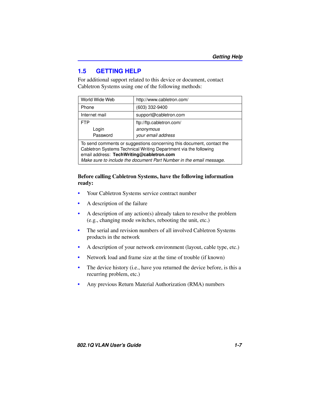 Cabletron Systems 802.1Q manual Getting Help, Your email address 