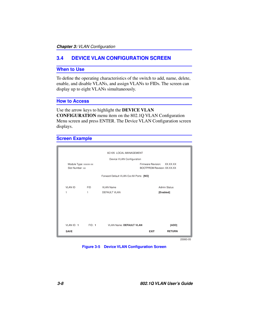 Cabletron Systems 802.1Q manual Device Vlan Configuration Screen, Device Vlan Conﬁguration Screen 