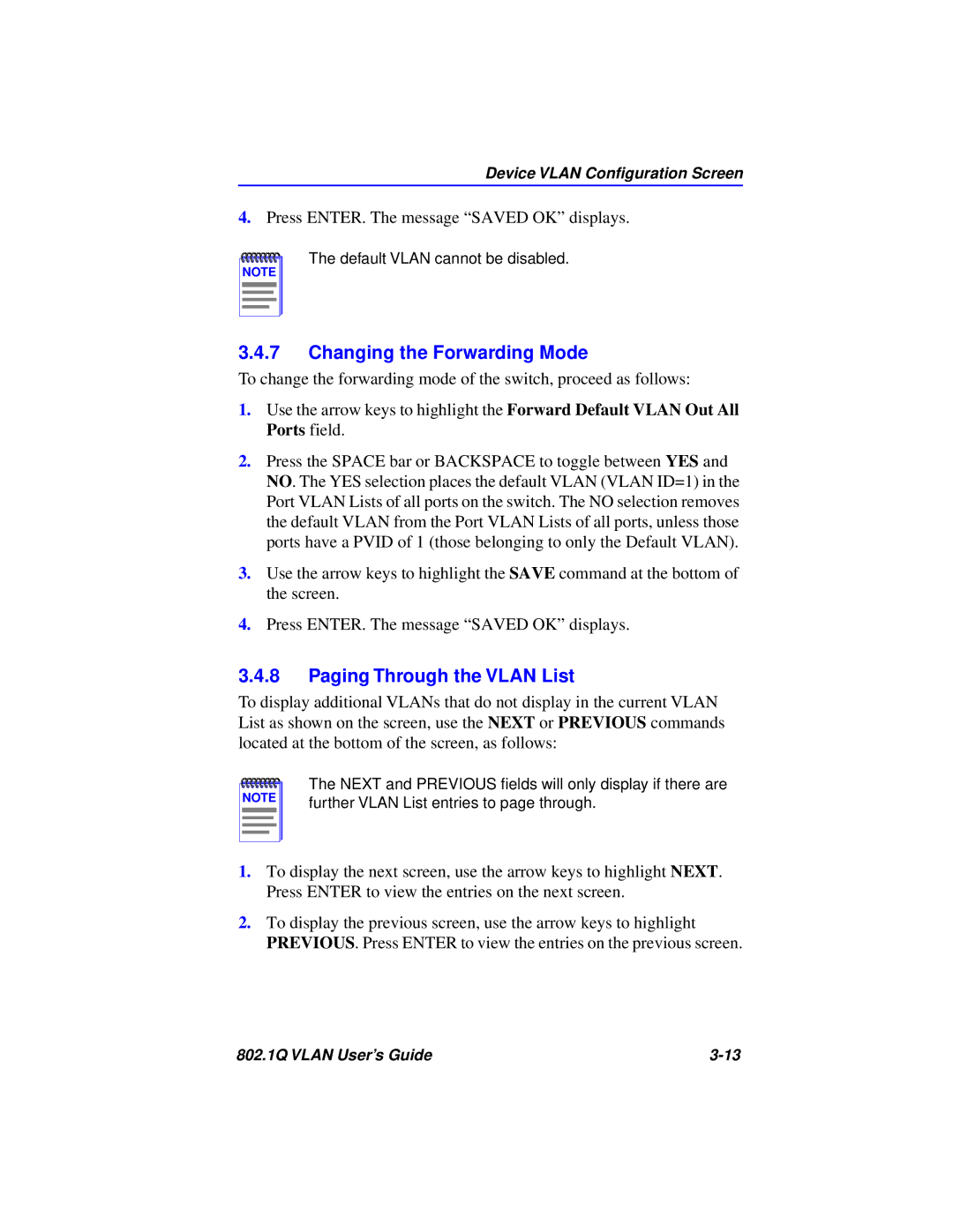 Cabletron Systems 802.1Q manual Changing the Forwarding Mode, Paging Through the Vlan List 