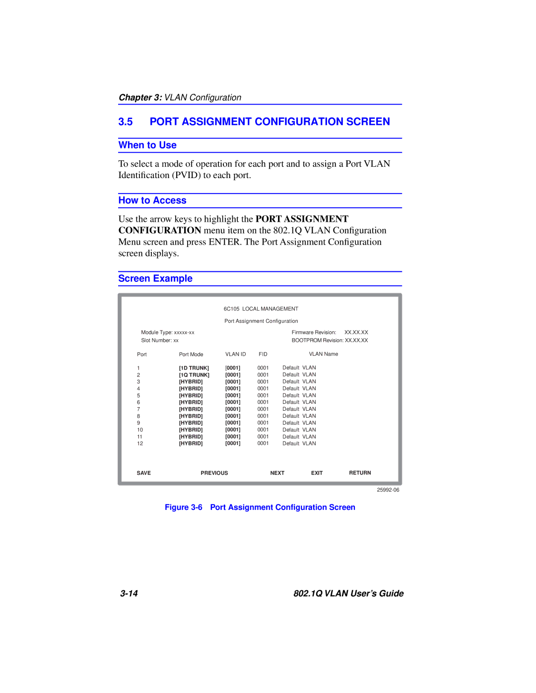 Cabletron Systems 802.1Q manual Port Assignment Configuration Screen, Port Assignment Conﬁguration Screen 