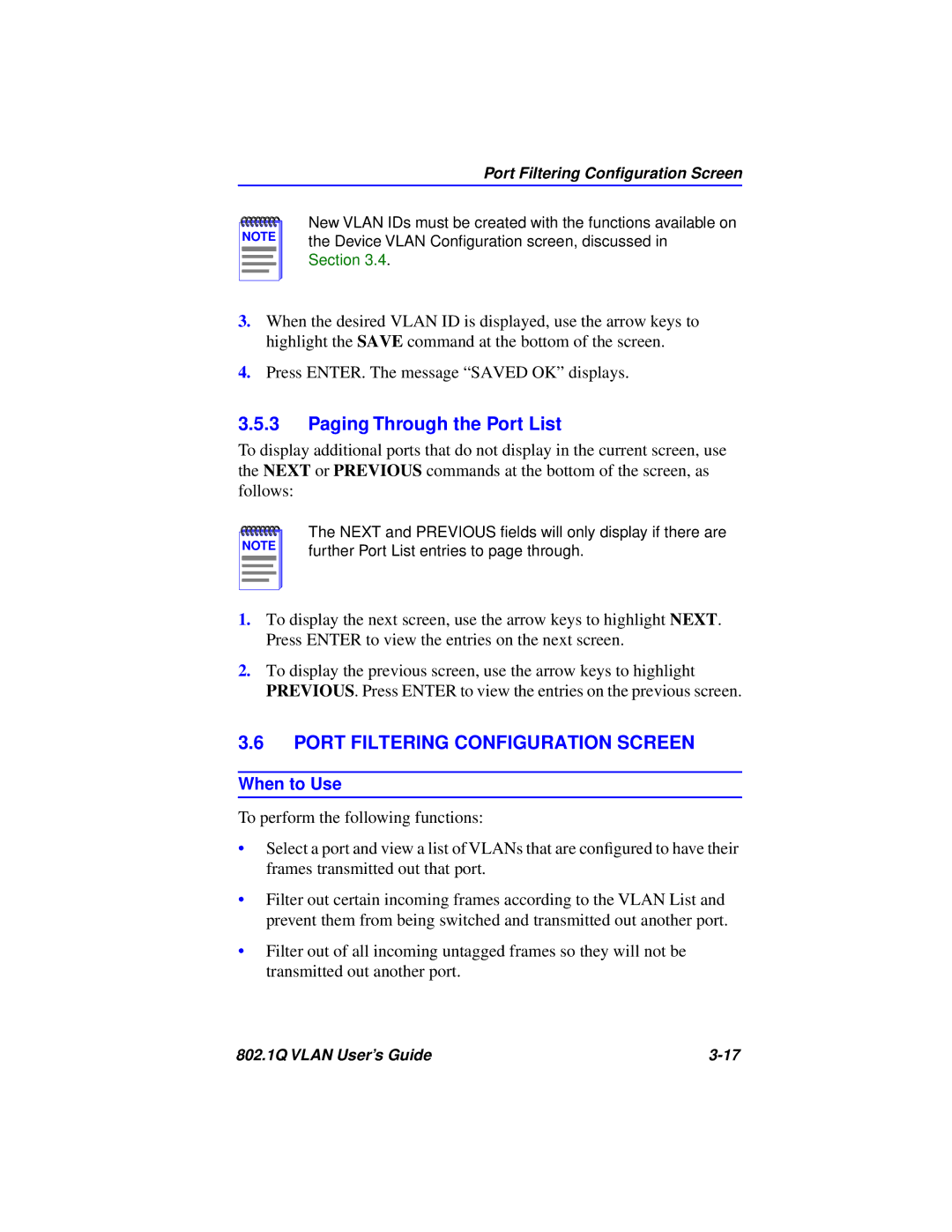 Cabletron Systems 802.1Q manual Paging Through the Port List, Port Filtering Configuration Screen 