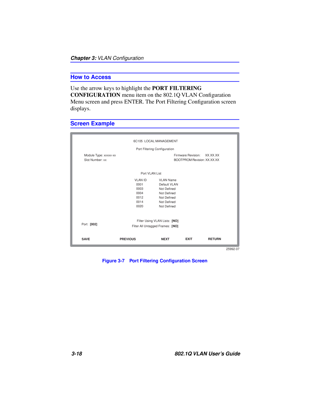 Cabletron Systems 802.1Q manual Port Filtering Conﬁguration Screen 