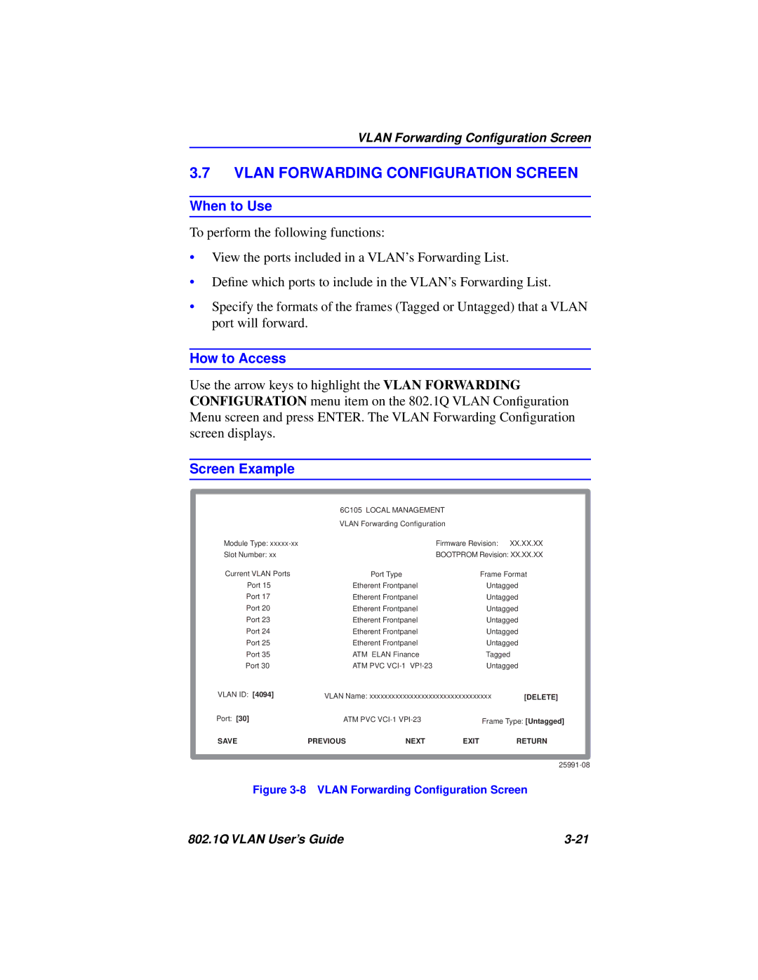 Cabletron Systems 802.1Q manual Vlan Forwarding Configuration Screen, Vlan Forwarding Conﬁguration Screen 