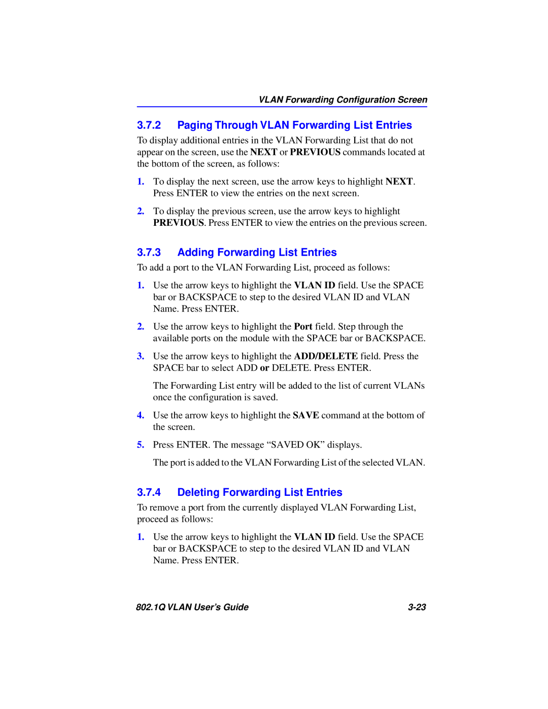 Cabletron Systems 802.1Q manual Paging Through Vlan Forwarding List Entries, Adding Forwarding List Entries 