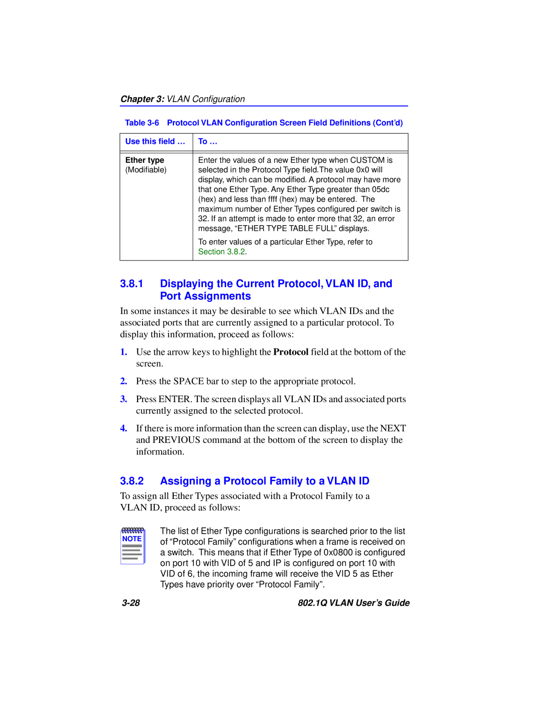 Cabletron Systems 802.1Q manual Assigning a Protocol Family to a Vlan ID, Ether type 