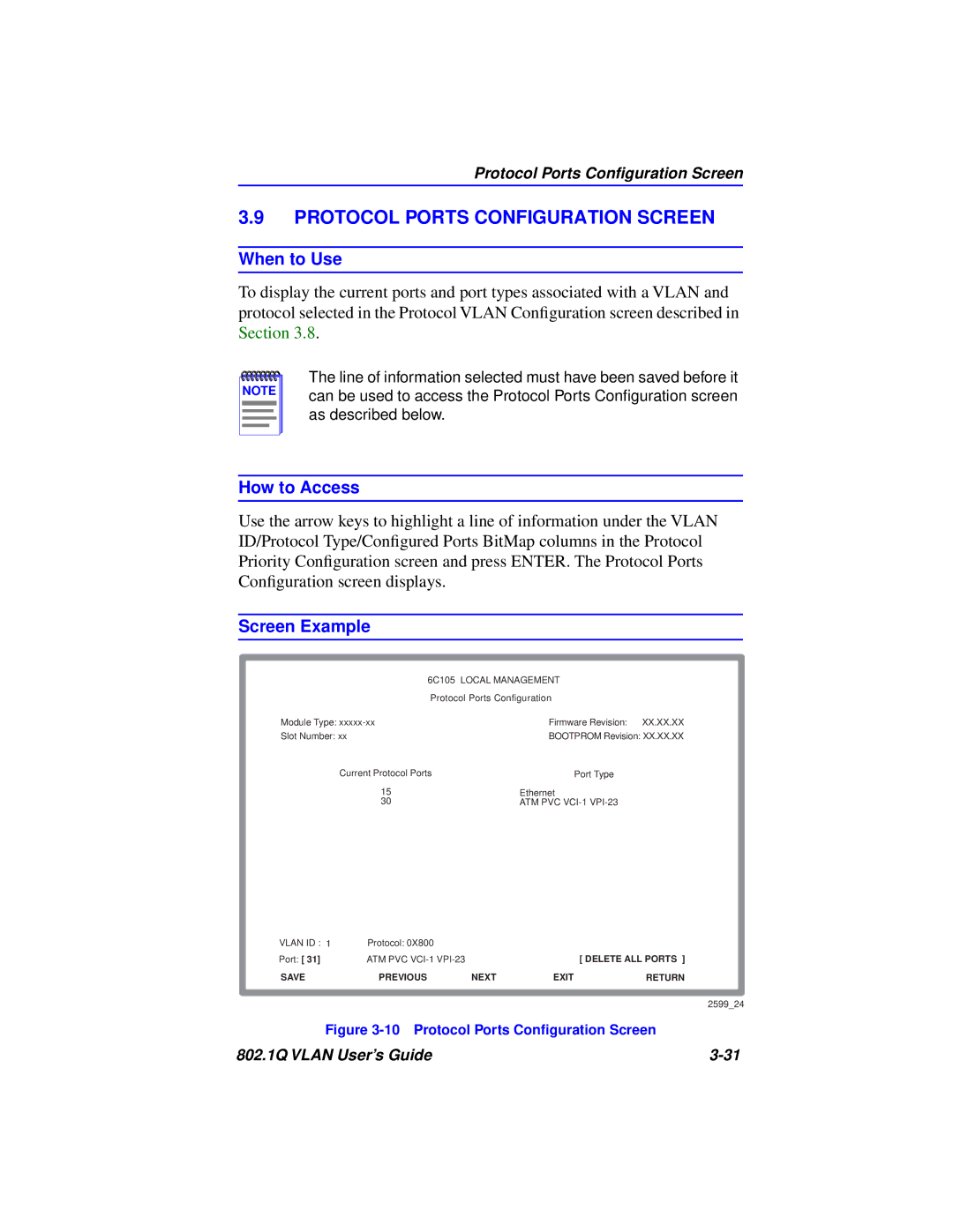 Cabletron Systems 802.1Q manual Protocol Ports Configuration Screen, Protocol Ports Conﬁguration Screen 