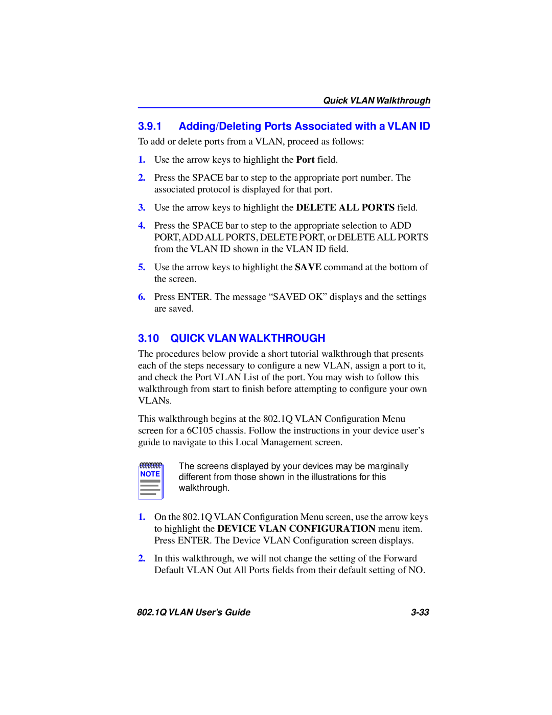 Cabletron Systems 802.1Q manual Adding/Deleting Ports Associated with a Vlan ID, Quick Vlan Walkthrough 