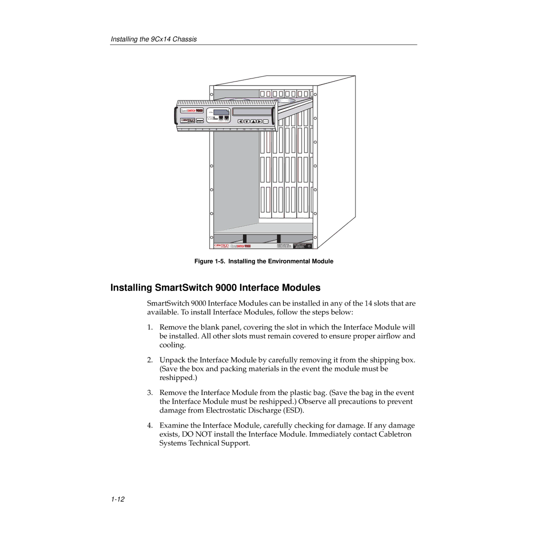 Cabletron Systems 9C114 manual Installing SmartSwitch 9000 Interface Modules, Installing the Environmental Module 