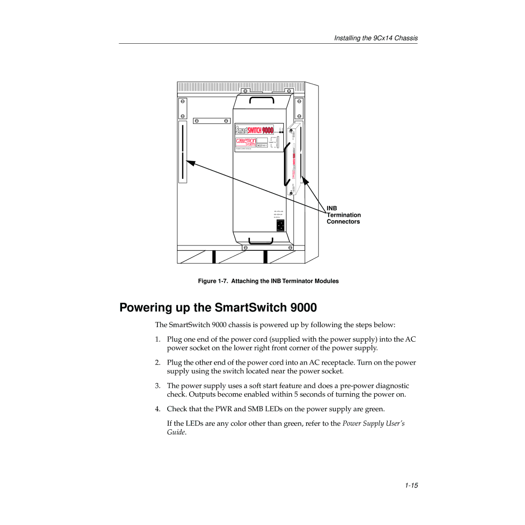 Cabletron Systems 9C114, 9000 manual Powering up the SmartSwitch, Attaching the INB Terminator Modules 