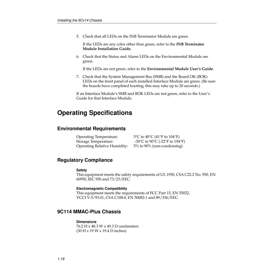 Cabletron Systems 9000 Operating Speciﬁcations, Environmental Requirements, Regulatory Compliance, 9C114 MMAC-Plus Chassis 