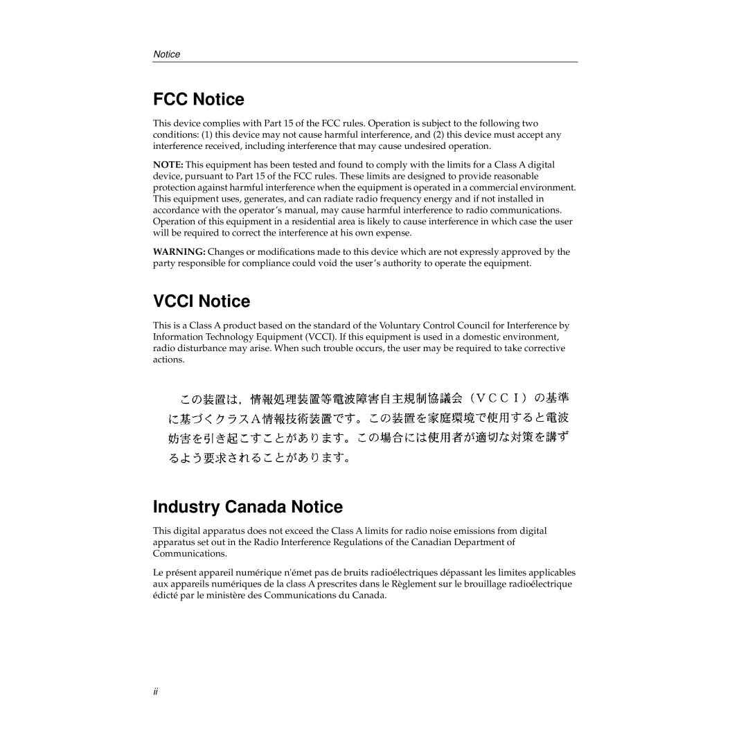 Cabletron Systems 9000, 9C114 manual FCC Notice, Vcci Notice, Industry Canada Notice 