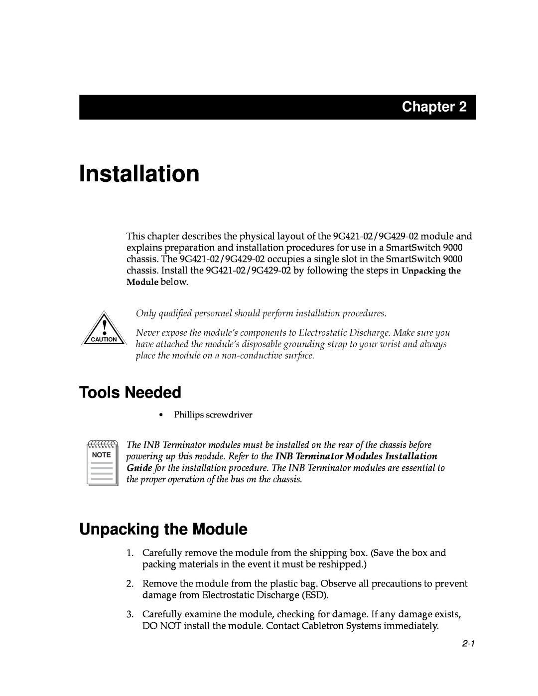 Cabletron Systems 9000 manual Installation, Tools Needed, Unpacking the Module, Chapter 