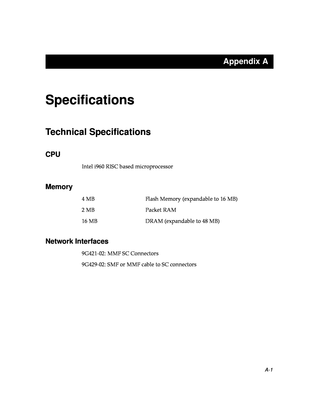 Cabletron Systems 9000 manual Technical Speciﬁcations, Appendix A, Memory, Network Interfaces 