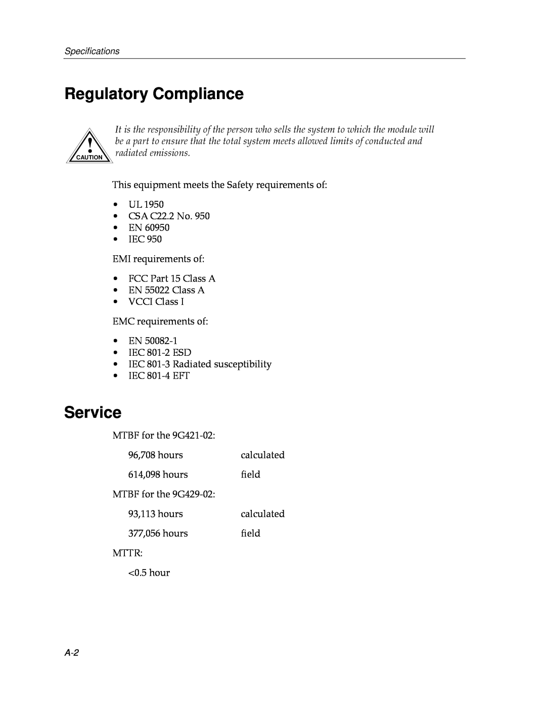 Cabletron Systems 9000 manual Regulatory Compliance, Service, Speciﬁcations 