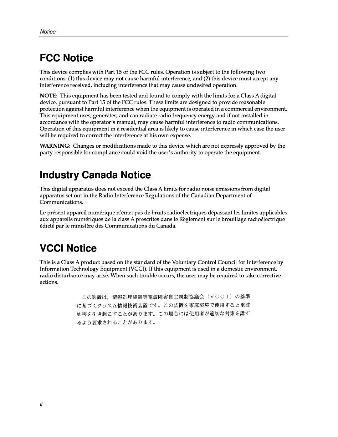 Cabletron Systems 9000 manual FCC Notice, Industry Canada Notice, VCCI Notice 