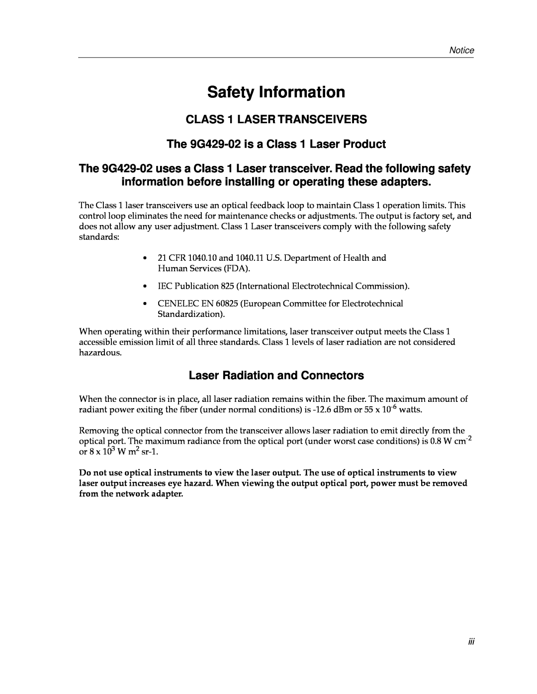 Cabletron Systems 9000 manual Safety Information, CLASS 1 LASER TRANSCEIVERS The 9G429-02 is a Class 1 Laser Product 