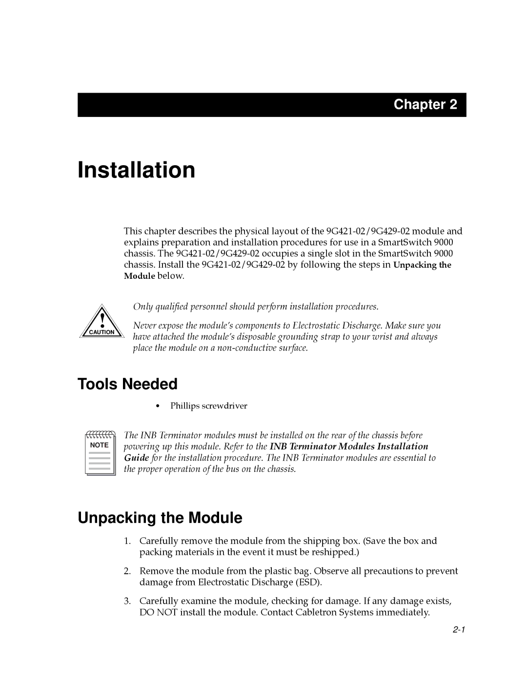 Cabletron Systems 9000 manual Tools Needed, Unpacking the Module 