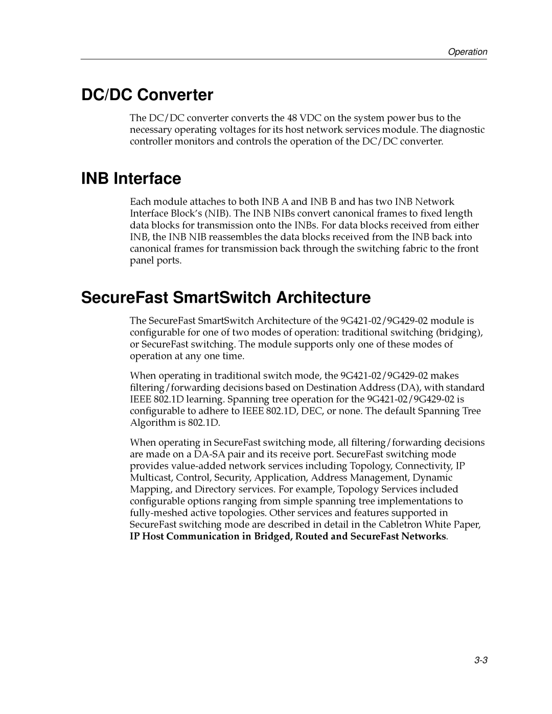 Cabletron Systems 9000 manual DC/DC Converter, INB Interface, SecureFast SmartSwitch Architecture 