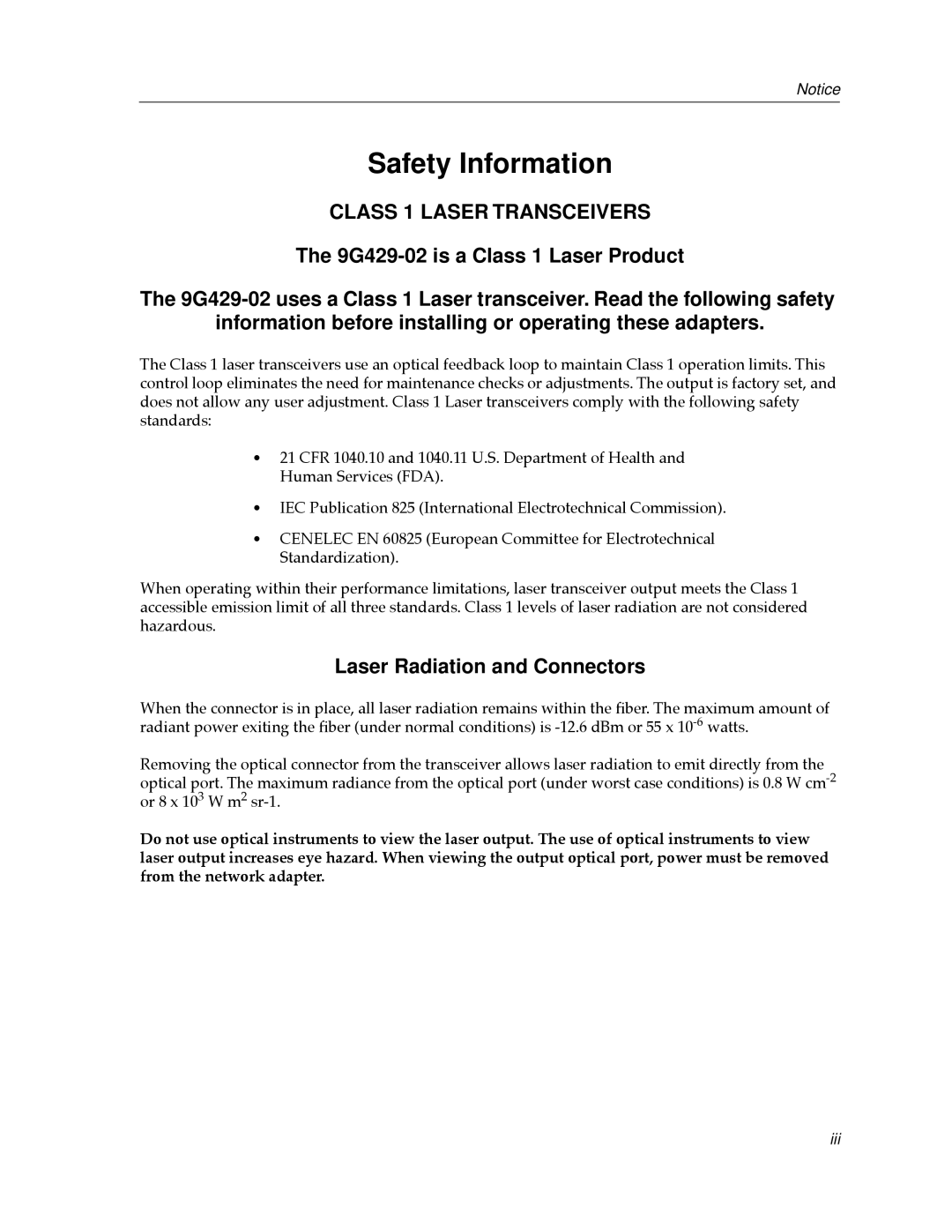 Cabletron Systems 9000 manual Safety Information, Class 1 Laser Transceivers 