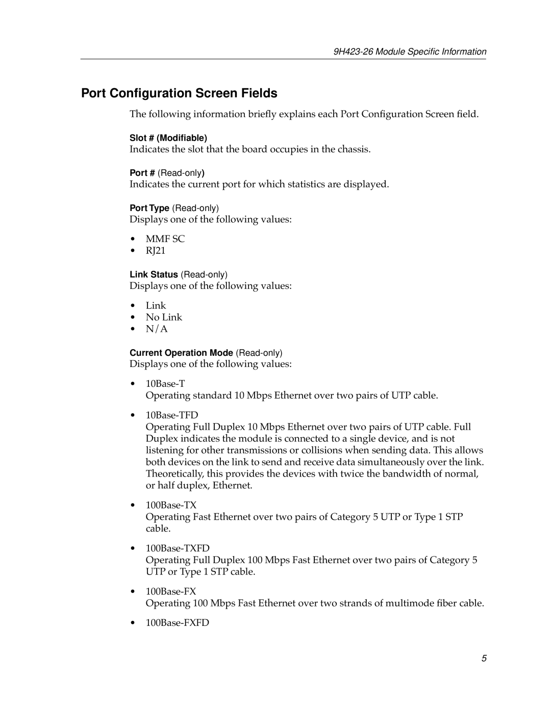 Cabletron Systems 9000 appendix Port Conﬁguration Screen Fields, Mmf Sc 