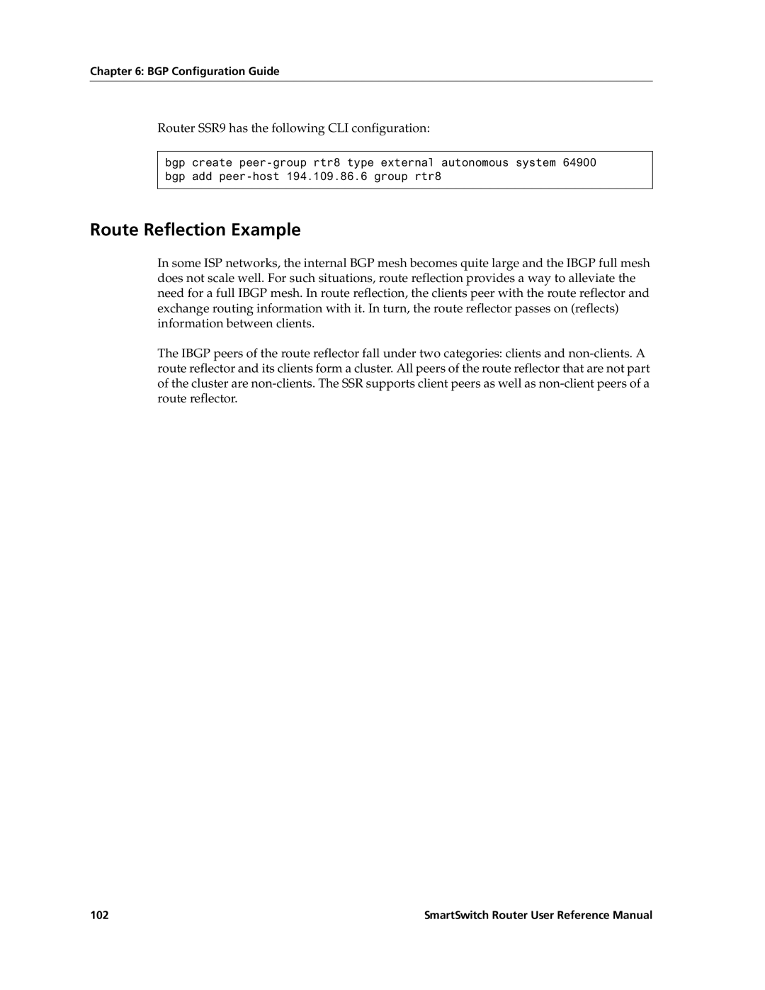 Cabletron Systems 9032578-02 manual Route Reflection Example, Router SSR9 has the following CLI configuration 