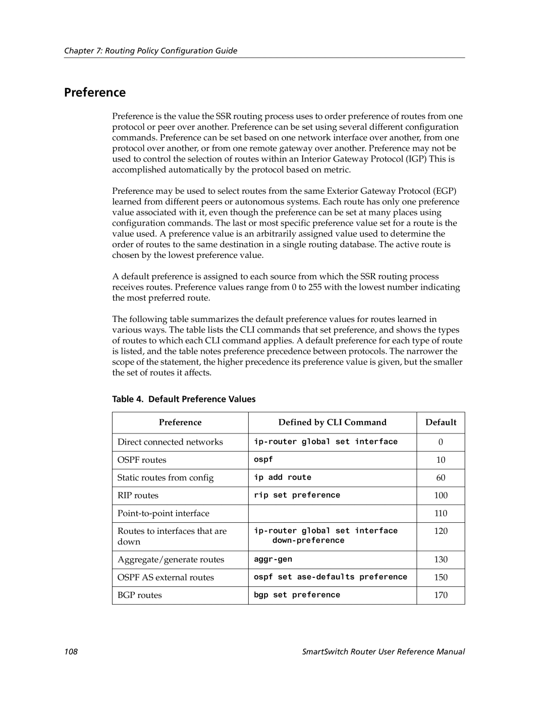 Cabletron Systems 9032578-02 manual Default Preference Values, Preference Defined by CLI Command Default 