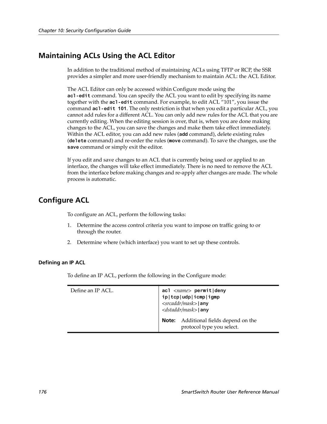 Cabletron Systems 9032578-02 manual Maintaining ACLs Using the ACL Editor, Configure ACL, Defining an IP ACL 