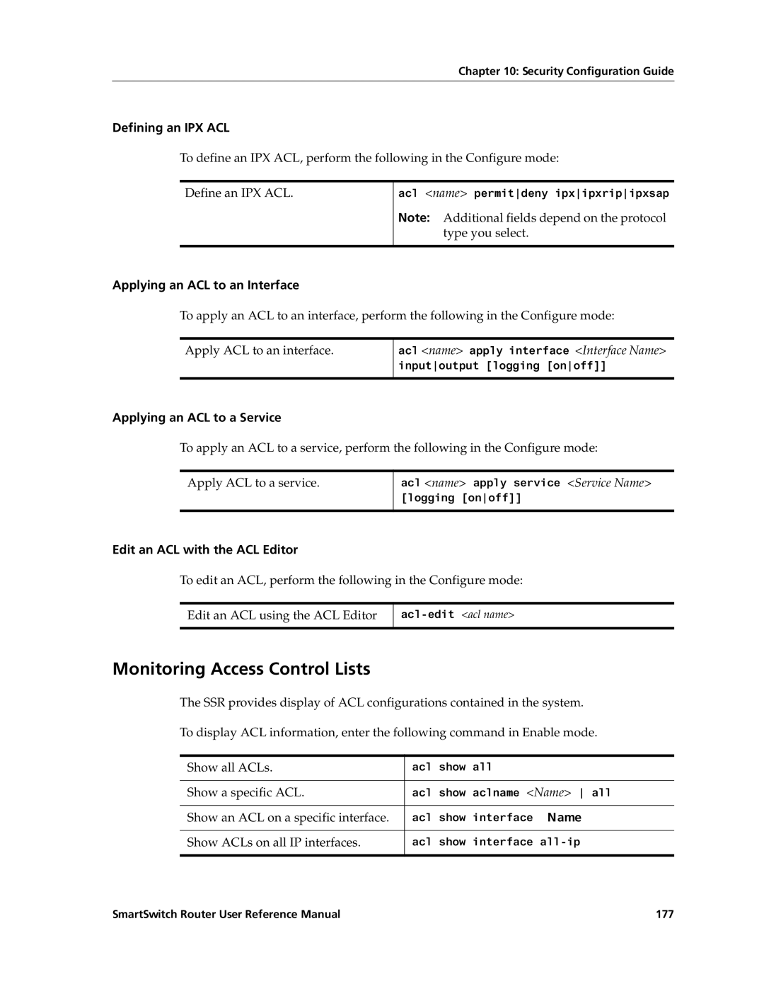 Cabletron Systems 9032578-02 manual Monitoring Access Control Lists, Defining an IPX ACL, Applying an ACL to an Interface 