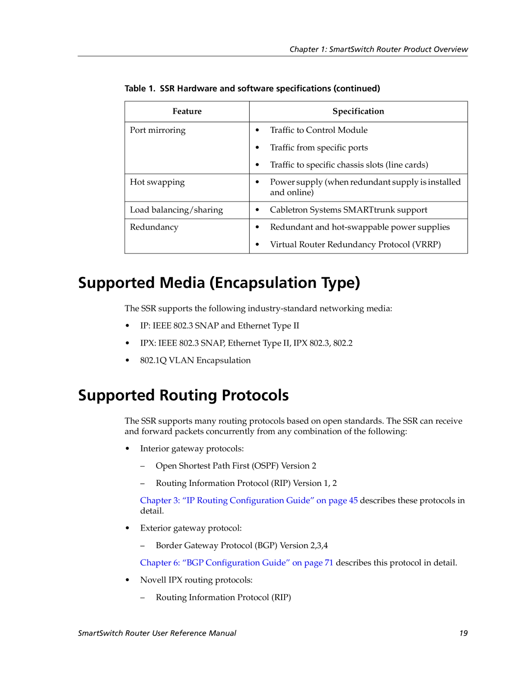 Cabletron Systems 9032578-02 manual Supported Media Encapsulation Type, Supported Routing Protocols 