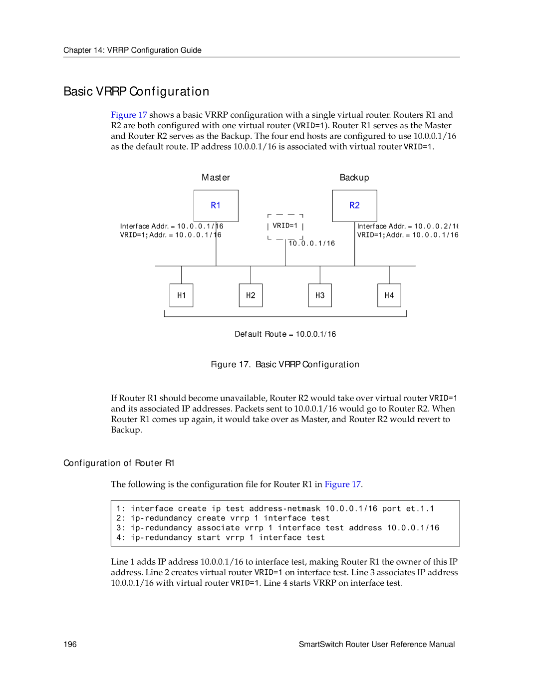 Cabletron Systems 9032578-02 manual Basic Vrrp Configuration, Master, Backup, Configuration of Router R1 