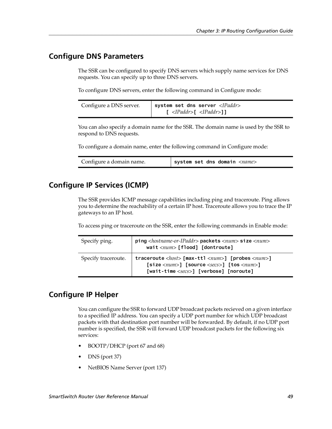 Cabletron Systems 9032578-02 manual Configure DNS Parameters, Configure IP Services Icmp, Configure IP Helper, Specify ping 