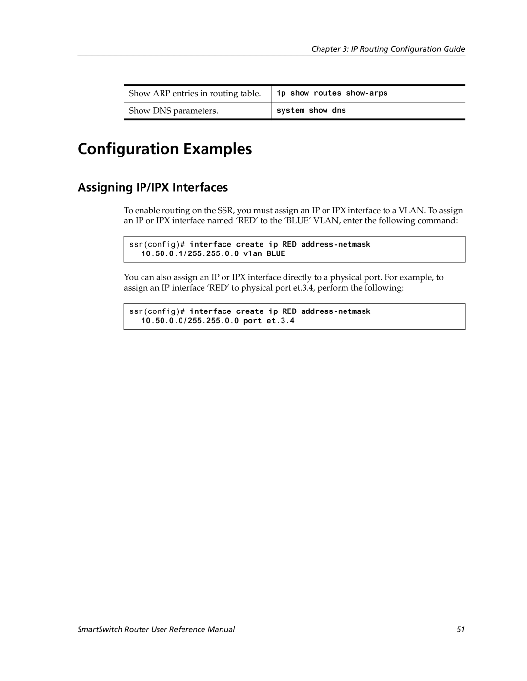 Cabletron Systems 9032578-02 manual Assigning IP/IPX Interfaces, Show ARP entries in routing table, Show DNS parameters 