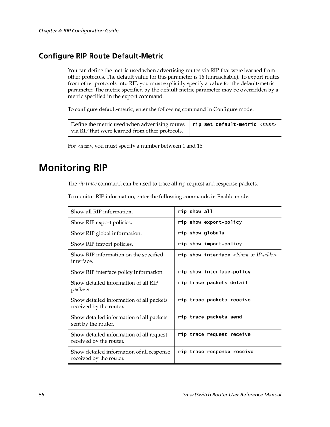 Cabletron Systems 9032578-02 manual Monitoring RIP, Configure RIP Route Default-Metric 