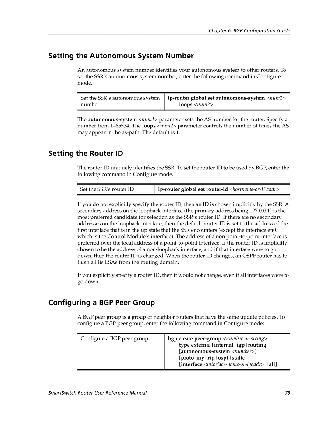 Cabletron Systems 9032578-02 Setting the Autonomous System Number, Setting the Router ID, Configuring a BGP Peer Group 