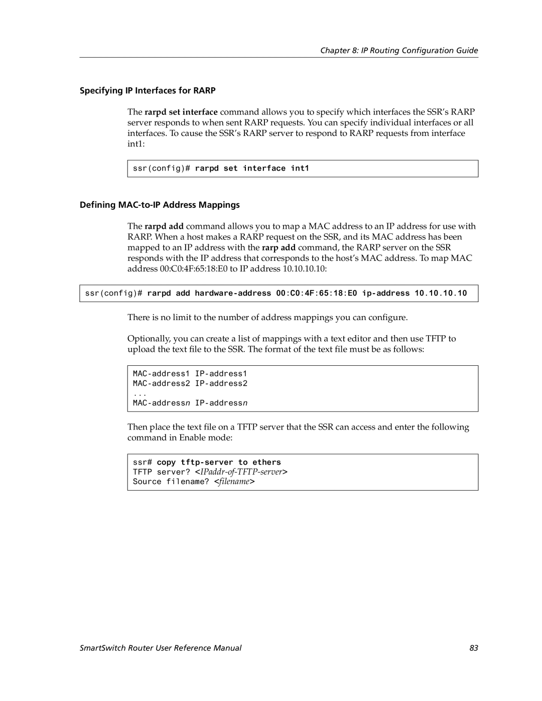 Cabletron Systems 9032578-05 manual Specifying IP Interfaces for Rarp, Defining MAC-to-IP Address Mappings 